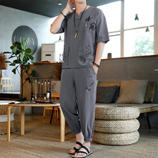 夏季套装风男刺绣棉麻复古宽松大码汉服，男装休闲套装，星座1206（原A206）