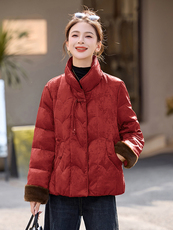 新中式G风提花短款羽绒服女2025冬季新款独特气质红色白鸭绒外套，女装羽绒服，衣之秀