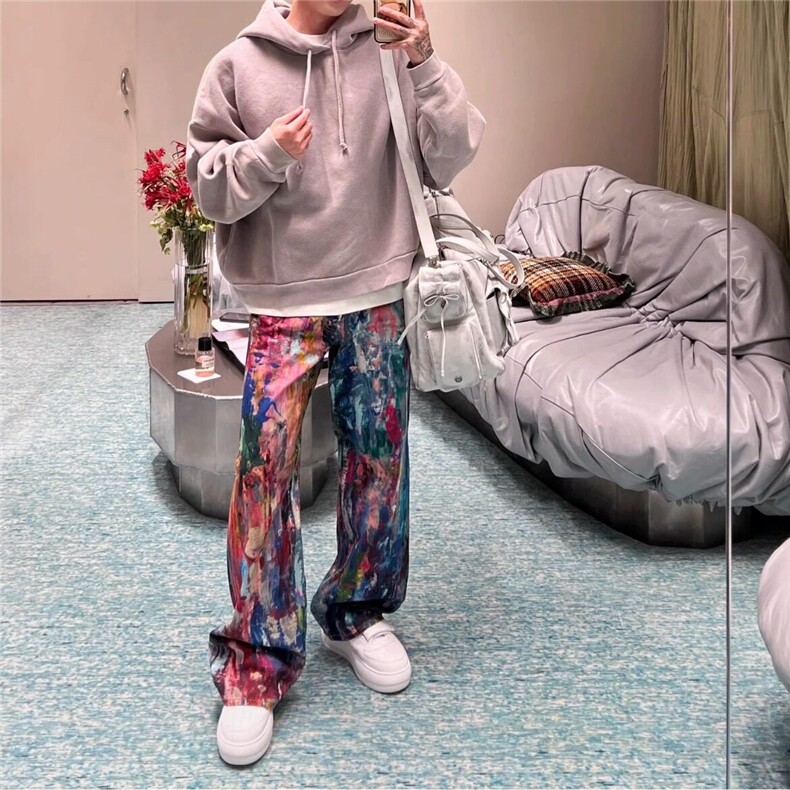新款3D彩印泼墨油画调色盘阔腿牛仔裤休闲裤男女同款潮图片