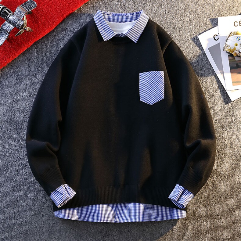 【抖音得物】2025秋季时尚毛衣针织衫假两件polo领长袖，男装Polo衫，电商A113