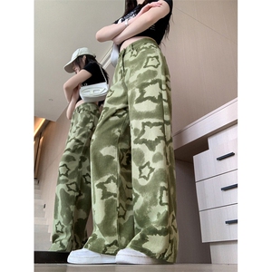 AK2333-P55美式复古绿色迷彩星星牛仔裤女夏新款显瘦宽松直筒裤子图片