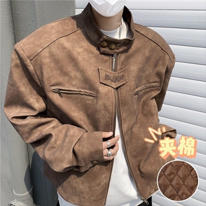 美式机车麂皮衣夹克男女短款潮牌夹棉服垫肩外套秋冬M8042-2夹棉图片