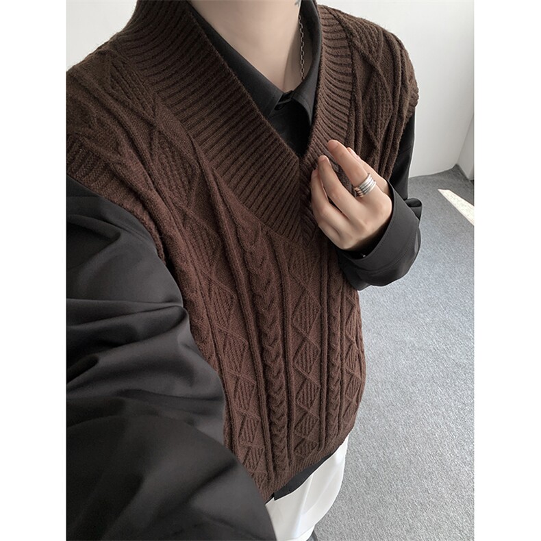 韩系叠穿复古麻花针织衫马甲男学院风早秋穿搭上衣服背心9097P58图片