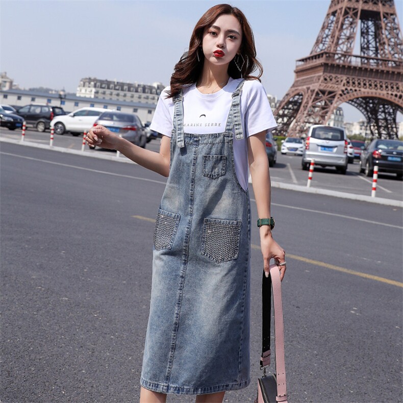 简约个性拼色中长款牛仔连衣裙2021年夏季时尚潮流舒适,女装连衣裙,秋水欣儿