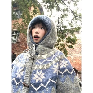 秋冬复古费尔岛提花毛衣开衫男女连帽牛角扣外套设计感针织上衣图片