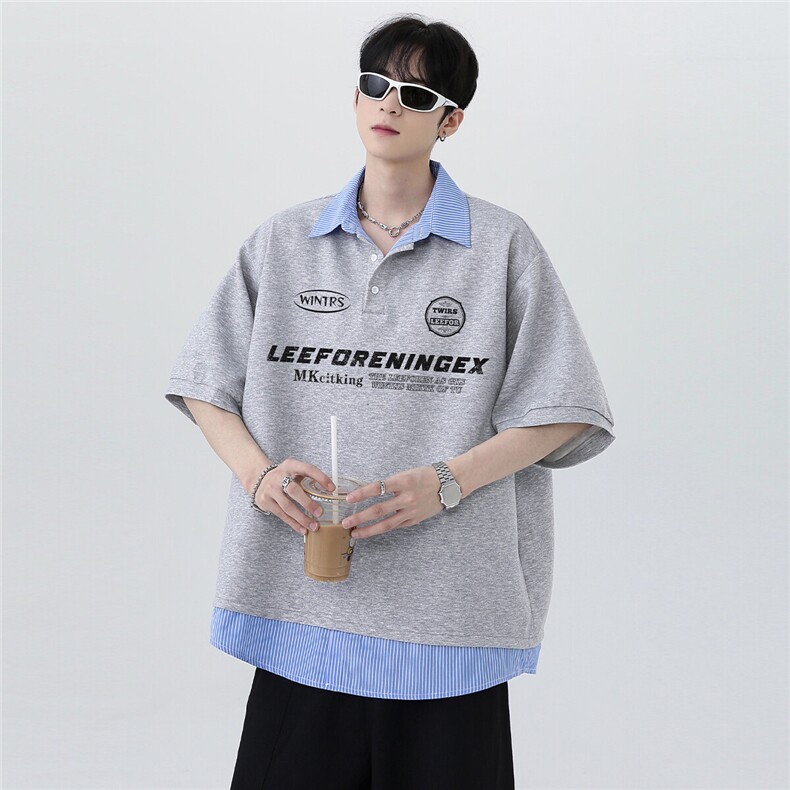 美式复古夏季拼接撞色衬衫领条纹假两件短袖T恤polo衫T311-P48,男装Polo衫,电商C307