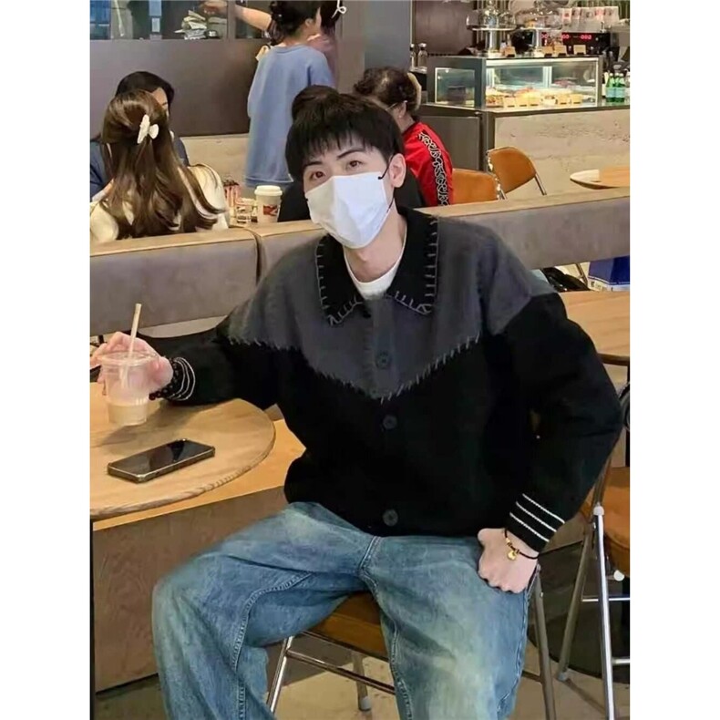 撞色拼接针织开衫外套男美式复古宽松翻领毛衣513AKS2375P57,男装针织衫/毛衣,星座513A