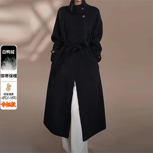黑色羽绒内胆毛呢外套女长款2025冬季新款时尚加厚赫本风呢子大衣图片