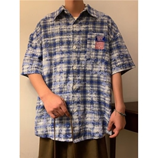 美式格子衬衫男短袖ins设计感上衣夏季宽松情侣潮牌衬衣S918-p40，男装衬衫，星座1008