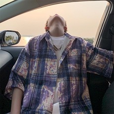 2025美式扎染印花冰丝凉感格子短袖衬衫薄套装TZ5600/特P45紫3，男装T恤，电商A094
