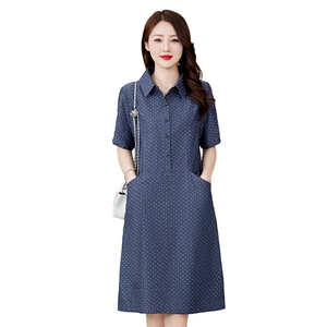 波点点牛仔连衣裙女2024夏季新款宽松直筒广州十三行中长款薄裙子图片