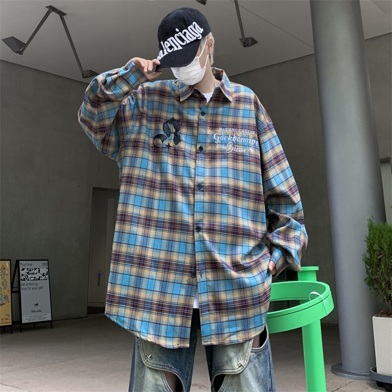 港风秋款男长袖衬衫格子字母鲜花刺绣休闲纯棉外套CS128P50,男装衬衫,星座1013-1
