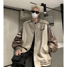 港风美式复古拼接罗纹pu棒球服情侣皮衣夹克外套男女G1094P108，男装夹克，电商A339