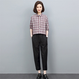 春秋装套装女宽松显瘦2022年新款潮韩版休闲格子衬衫两件套装裤子图片