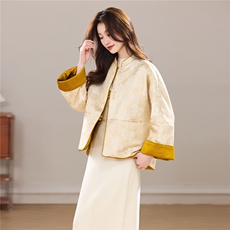 冬季新款加厚棉衣新中式重工提花珍珠扣立领拼接款两面穿外套女，女装棉衣/棉服，宝儿家