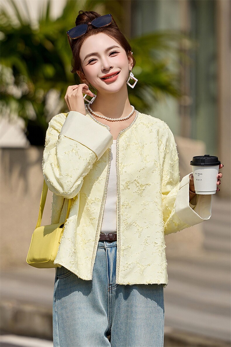 黄色显白超好看提花短外套女2025春装新款小香风时尚气质减龄上衣,女装短外套,布芭啦