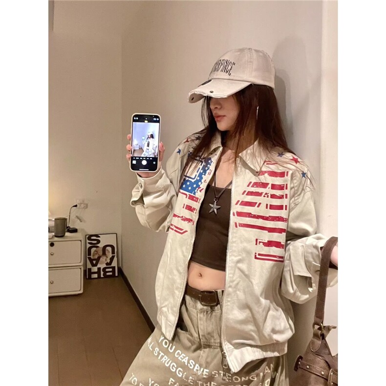 8013-P68文艺日系气质骑兵斜复合工装旗帜印花短款夹克时尚，男装夹克，电商B323A