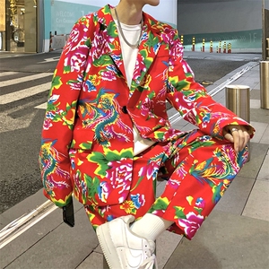 XF01男秋港风文艺休闲大码西服套装西装东北大花民族风特色新中式,男装民族服装,星座115A(原星座507）