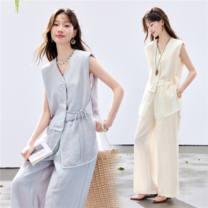 夏季新款现货！2026休闲风阔版拼接小垫肩上衣+松紧腰阔腿裤套装图片
