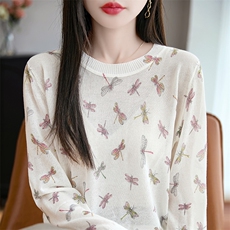 2025新款精纺羊毛针织衫女圆领蜻蜓印花长袖T恤薄款防晒衫打底衫，女装针织衫/毛衣，羿纯羊绒