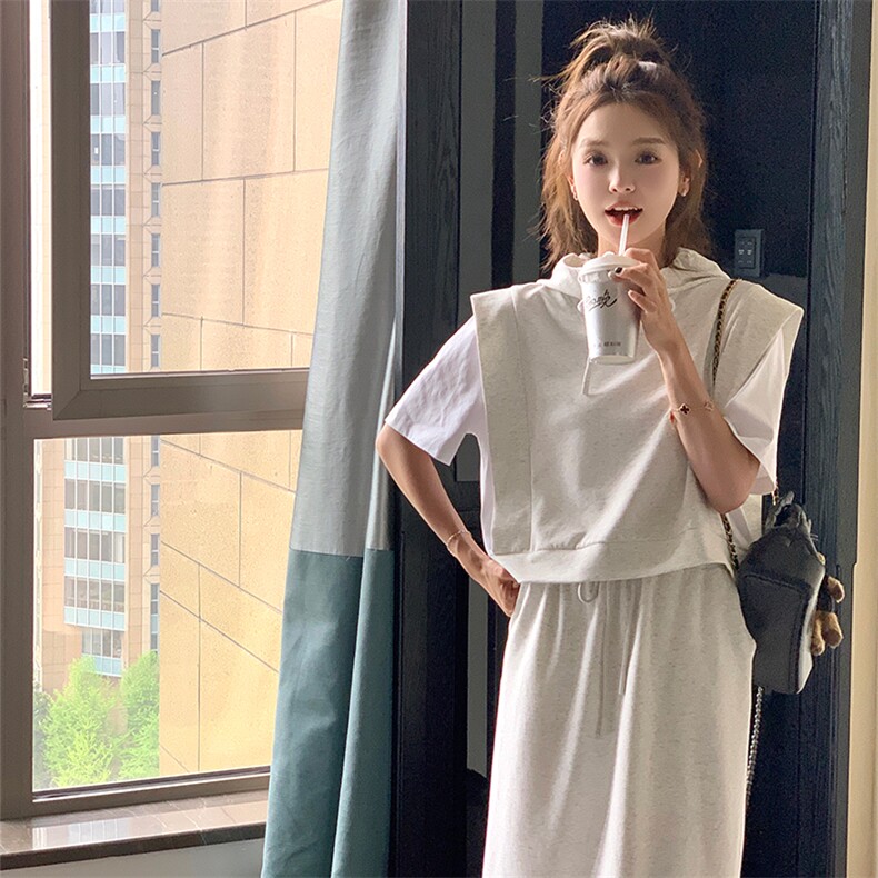 韩版假两件连帽卫衣套装女2025夏季新款时尚高腰显瘦半身裙两件套,女装套装/套裙,2C052