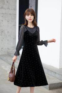 春装订货款：金丝绒搭配蕾丝连衣裙五个码、M到3个XL，女装连衣裙，拉思维加丝