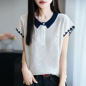 竹节麻翻领短袖针织衫女t恤夏季新款简约时尚洋气减龄Polo衫上衣图片