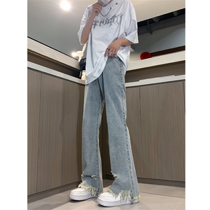 现货 黄泥美式vibe裤高街黑色破洞微喇直筒毛边牛仔裤男 K890-P55图片