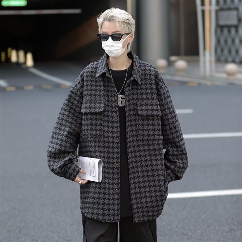 千鸟格小香风外套男春秋季呢料上衣潮流学院风工装夹克JK099P85,男装夹克,星座410-2
