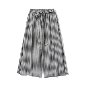 白底平铺图 夏季大码日系棉麻复古条纹裤直筒阔腿裤汉服 K257/P75图片