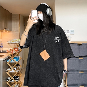 中性风水洗短袖男女学院风几何图案印花T恤复古做旧美式ins潮图片