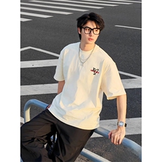 抖音得物210克现货宽松纯棉美式潮牌印花落肩袖纯棉T恤AT21105，男装T恤，电商A443