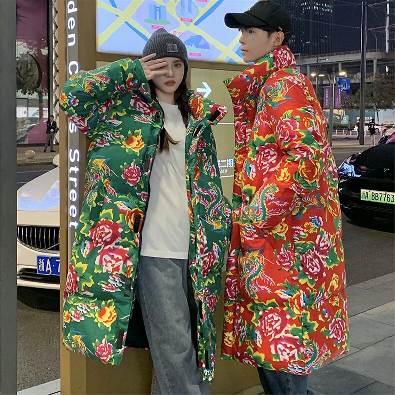 A3长款棉衣外套东北大花风汉服男女宽松保暖防寒棉袄潮情侣装,男装棉衣,星座115A(原星座507）