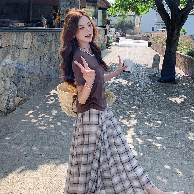 蕾丝拼接短袖t恤套装裙女夏新款设计感不规则格子半身裙两件套，女装套装/套裙，浙宝305