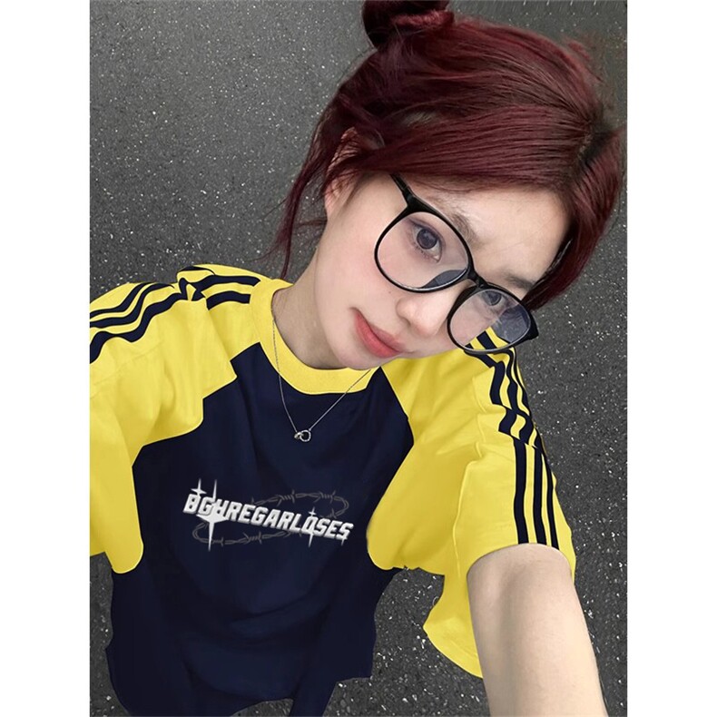 夏季美式高街重磅纯棉三条杠织带插肩撞色男女短袖T恤 CZ66-特P25图片
