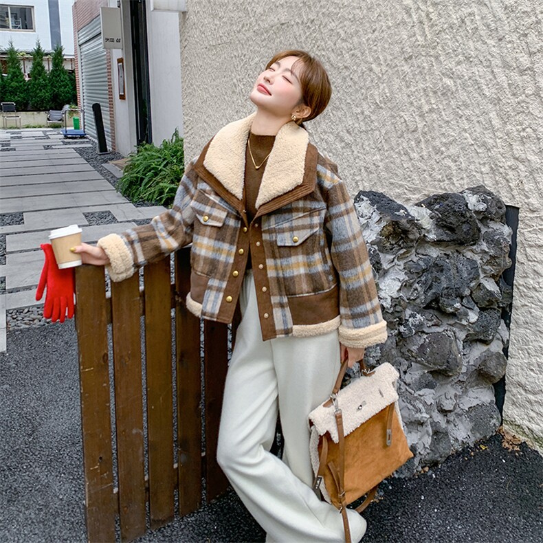 现货撞色格子拼接羊羔毛翻领加厚羽绒服5815-P235-K368,女装羽绒服,2C159