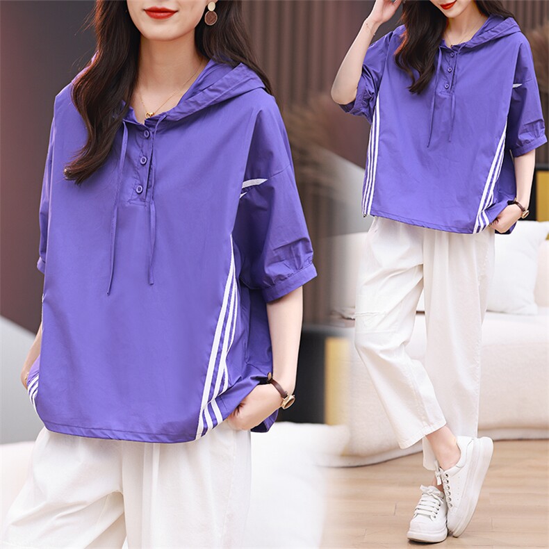 现货2023夏季新款宽松百搭显瘦休闲抽绳连帽上衣，女装T恤，深水步