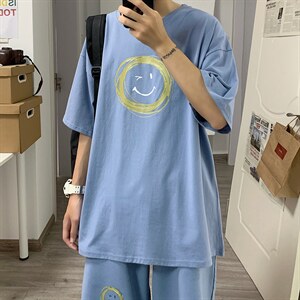 ！2023春夏新款纯棉男士短袖T恤百搭笑脸印花半袖体恤T602P25图片