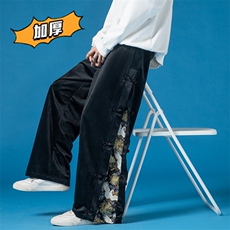 2025冬季新款风丝绒加厚休闲裤盘扣拼接阔腿裤灰K105-P70，男装休闲裤，电商B277A（原A068）