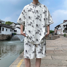 量大优供视频新风竹叶印花冰丝短袖短裤套装男TZ2404-特P50，男装休闲套装，电商A028