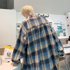 S137-P35美式复古宽松型格子长袖衬衫，男装衬衫，星座1501-1