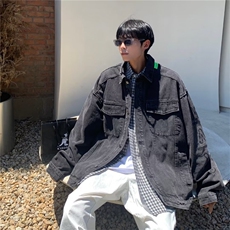 美式复古牛仔夹克男秋季水洗刺绣潮牌高街烟灰色上衣W5857-P68，男装夹克，星座512-2
