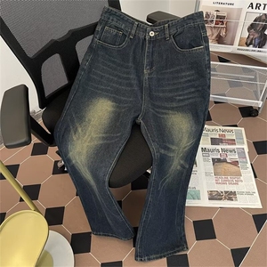 新款复古牛仔裤潮男女潮流秋冬水洗做旧直筒裤宽松休闲裤撞色长裤图片
