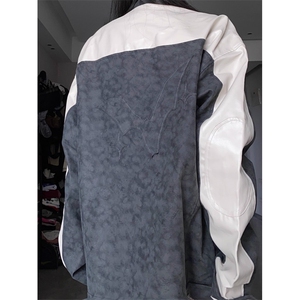 GC0728-P75网图复古机车磨砂拼皮立领棒球服飞行皮衣夹克外套女图片