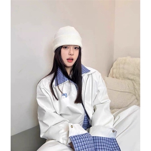 网络图 现货美式复古假两件格子拼接皮衣春秋休闲外套JW27-P75图片
