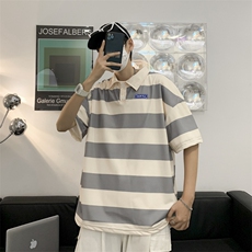 条纹短袖t恤男夏潮牌宽松polo衫ins潮流港风翻领上衣服PL106-P33，男装Polo衫，星座308B-1
