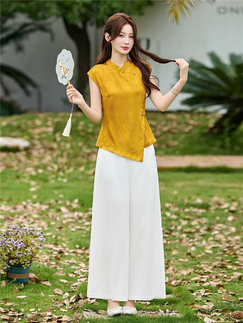 新中式风套装女夏高级感缎面提花天丝亚麻阔腿裤时尚洋气两件套,女装套装/套裙,丽影随形
