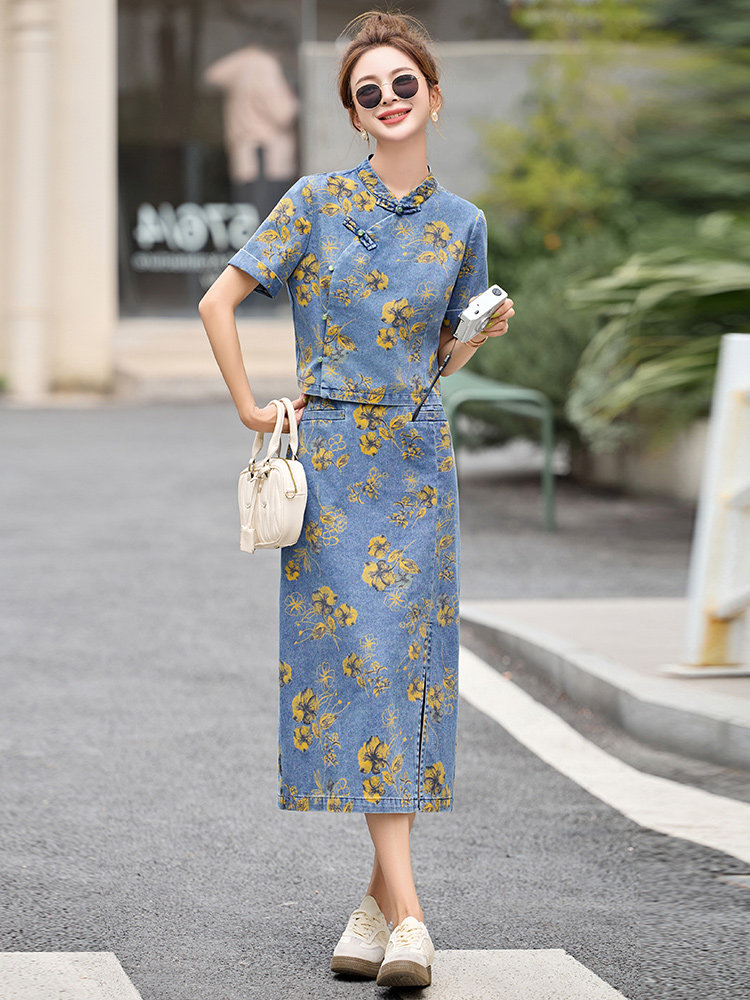 新中式印花牛仔套装女2025夏季爆款小个子复古洋气减龄短裤两件套,女装套装/套裙,众宇琦