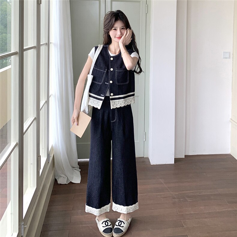 小个子蕾丝拼接牛仔马甲阔腿裤两件套女2025夏新款减龄休闲两件套图片