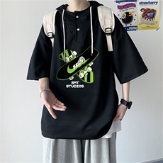 夏季港风冰丝宽松连帽短袖t恤五分体恤上衣TLM2254-P40控58，男装T恤，电商B370